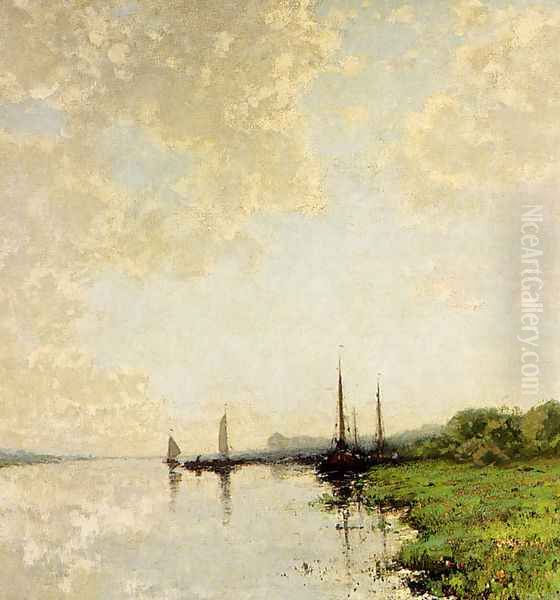 A Summer Landscape With Boats On A Waterway Oil Painting by Cornelis Kuypers