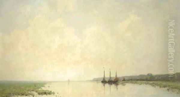 Moored boats on a river at dawn, Renkum Oil Painting by Cornelis Kuypers