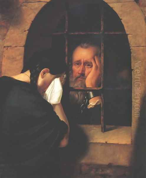 Janos Jablonczai Pethes Says goodbye to his Daughter at the Window of the Dungeon at Leopoldvar in 1674 Oil Painting by Balint Kiss