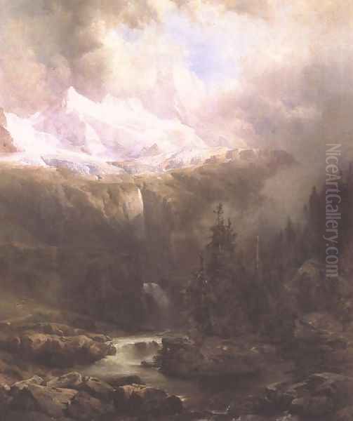 Landscape in the Tatra Mountains with Waterfall c. 1860 Oil Painting by Gusztav Keleti