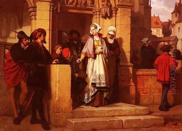 Faust and Mephistopheles Waiting for Gretchen at the Cathedral Door Oil Painting by Wilhelm Koller