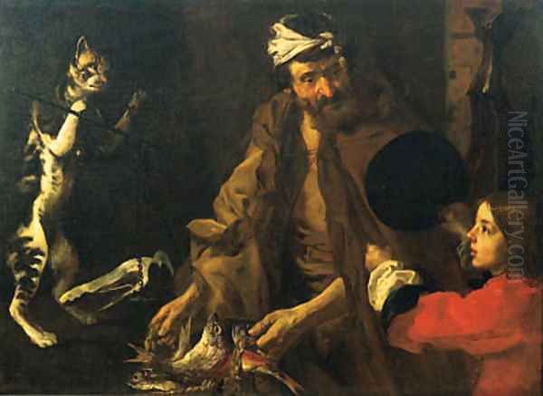 A fishmonger, a boy and a cat weighing a piece of ham on a set of scales Oil Painting by Bernhard Keil