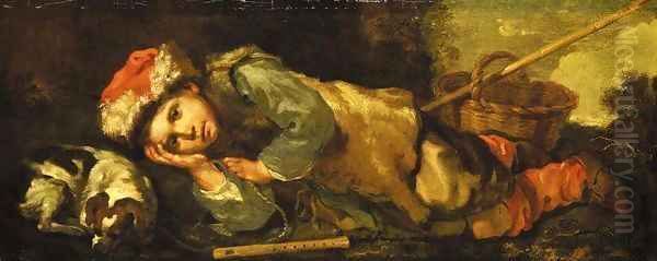 A recumbent shepherd boy with a sleeping dog by his side, a wicker basket at his feet Oil Painting by Bernhard Keil