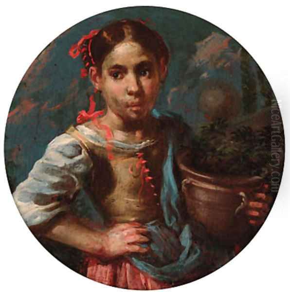 An allegory of summer a girl holding an earthenware pot with flowers Oil Painting by Bernhard Keil