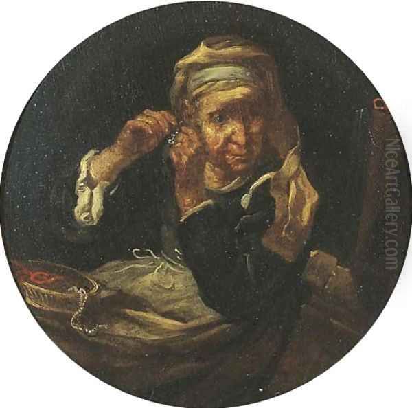 An old lady at her toilet Oil Painting by Bernhard Keil