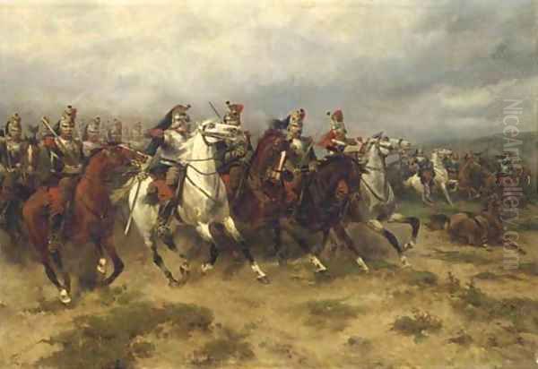 A courageous incursion French Cuirassiers charging Oil Painting by Hermanus Willem Koekkoek