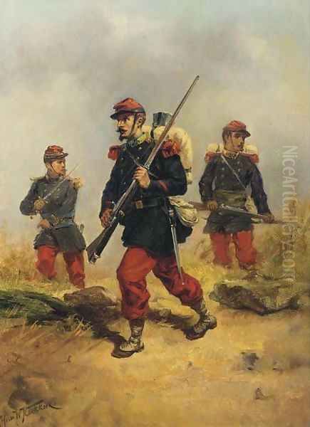 French infanterists on reconnaissance Oil Painting by Hermanus Willem Koekkoek