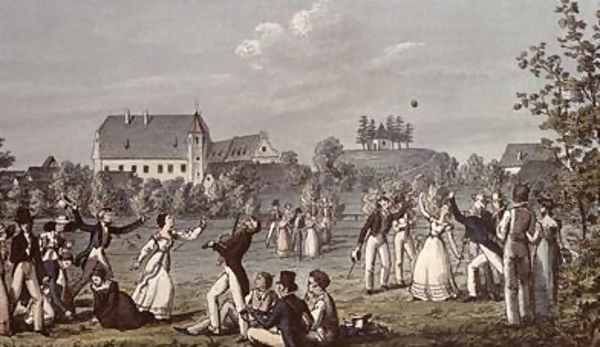 Ball Games at Atzenbrugg with Franz Schubert 1797-1828 and friends seated in the foreground Oil Painting by Leopold Kupelwieser