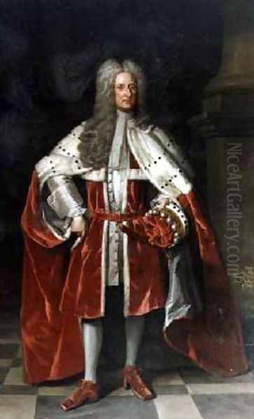 Portrait of Henry 1st Viscount St John 1652-1742 in his coronation robes Oil Painting by Sir Godfrey Kneller