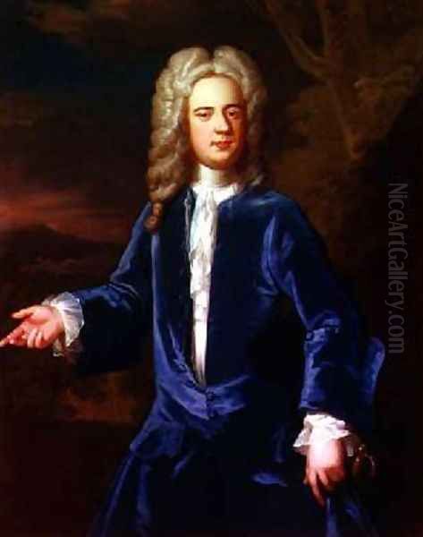 Portrait of a gentleman in a blue velvet coat Oil Painting by Sir Godfrey Kneller