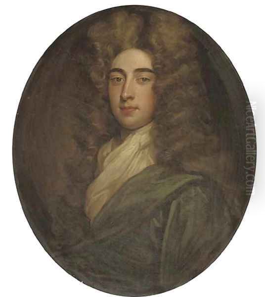 Portrait of a gentleman, traditionally identified as Thomas Hanmer, bust length, in a blue robe and white cravat Oil Painting by Sir Godfrey Kneller