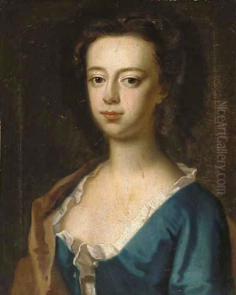 Portrait of a lady, bust-length, in a blue dress and brown wrap Oil Painting by Sir Godfrey Kneller