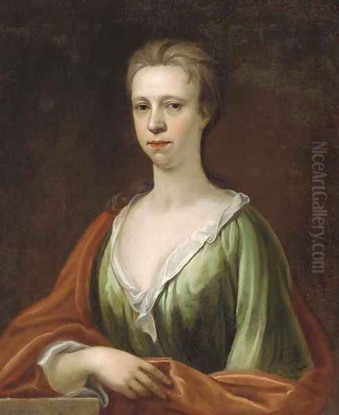 Portrait of a lady, bust-length, in a green dress and red wrap Oil Painting by Sir Godfrey Kneller