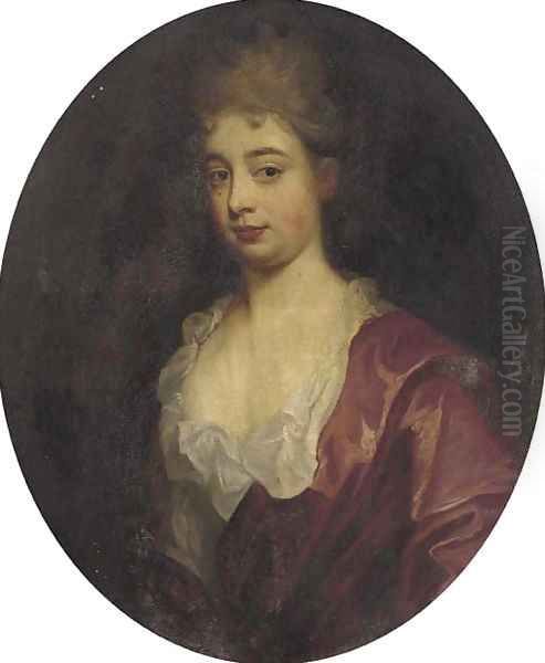 Portrait of a lady, bust-length, in a red dress Oil Painting by Sir Godfrey Kneller