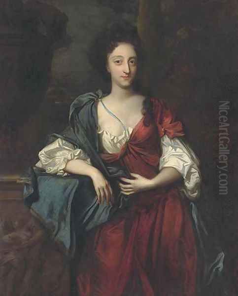 Portrait of a lady, standing three-quarter length, wearing a red and white dress with a blue wrap, her right arm on a ledge with an urn Oil Painting by Sir Godfrey Kneller