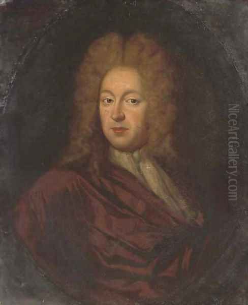 Portrait of Charles Taylor Esq. (1660-1736), bust-length, in a brown wrap and white stock, in a painted oval Oil Painting by Sir Godfrey Kneller