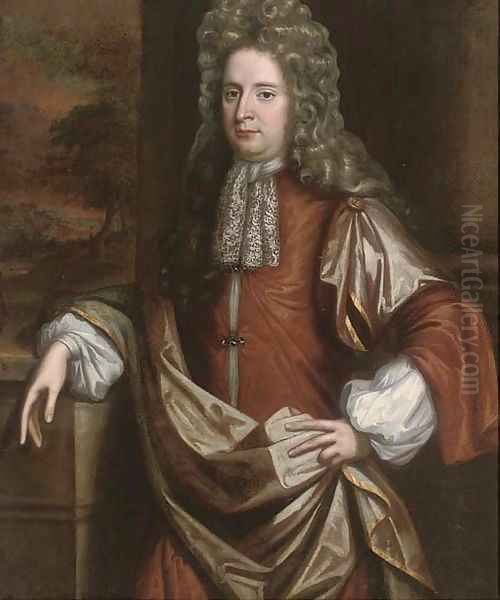 Portrait of George, Prince of Denmark (1653-1708), three-quarter-length, in classical dress, a landscape beyond Oil Painting by Sir Godfrey Kneller