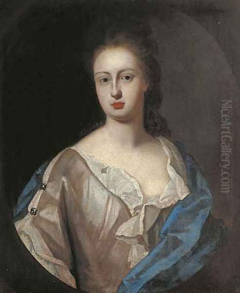 Portrait of Lady Powis, bust-length, in a white dress and blue wrap, feigned oval Oil Painting by Sir Godfrey Kneller