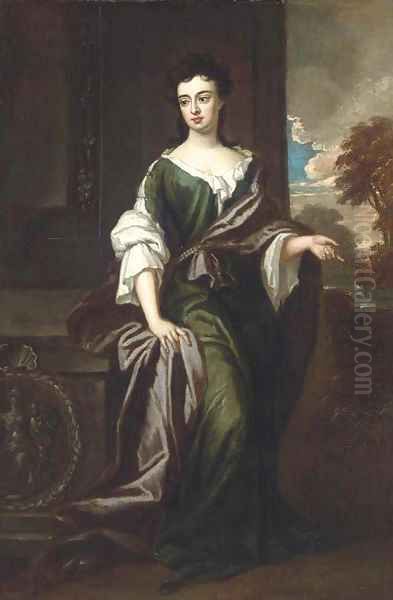 Portrait of Margaret, Countess of Ranelagh (1673-1727), full-length, in a green and white dress, burgundy wrap, a river landscape beyond Oil Painting by Sir Godfrey Kneller