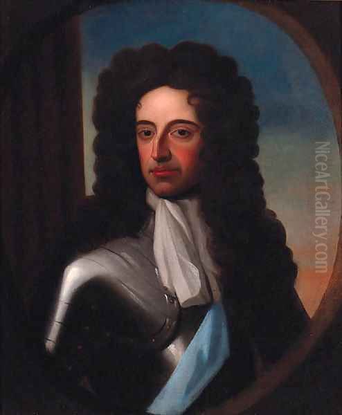 Portrait of William III, half-length, in armour, feigned oval Oil Painting by Sir Godfrey Kneller