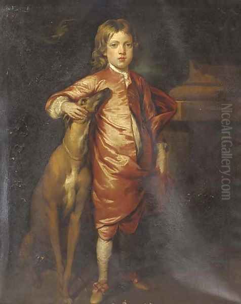 Portrait of a boy, full-length, in Van Dyck costume, with a greyhound, in a landscape Oil Painting by Sir Godfrey Kneller