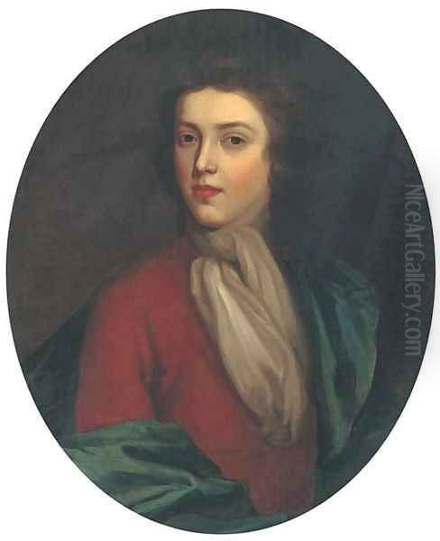 Portrait of a gentleman, bust-length, in a brown coat and blue wrap Oil Painting by Sir Godfrey Kneller