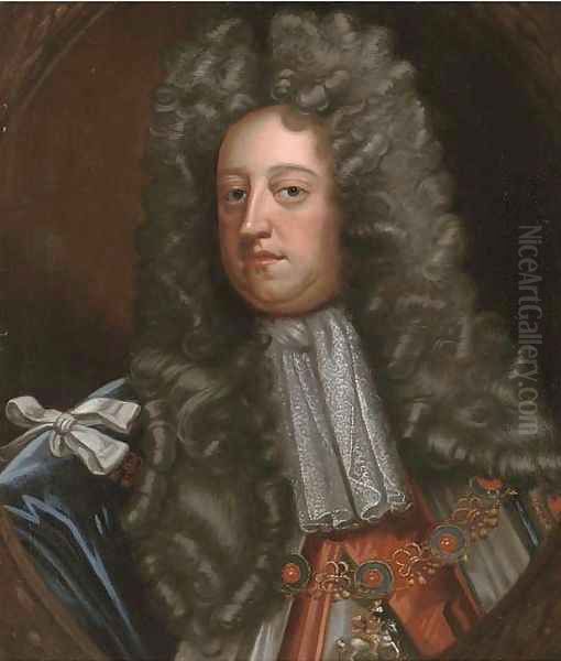 Portrait of a gentleman, bust-length, wearing the Order of the Garter, feigned oval Oil Painting by Sir Godfrey Kneller