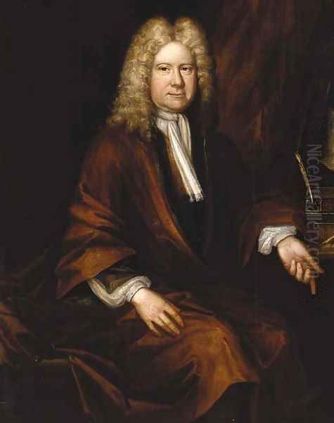 Portrait of a gentleman, seated three-quarter-length, in a brown robe and white cravat, by a writing table Oil Painting by Sir Godfrey Kneller