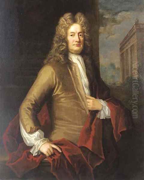 Portrait of a gentleman, traditionally identified as the Earl of March, three-quarter-length, in a brown coat and red wrap, a pavilion beyond Oil Painting by Sir Godfrey Kneller