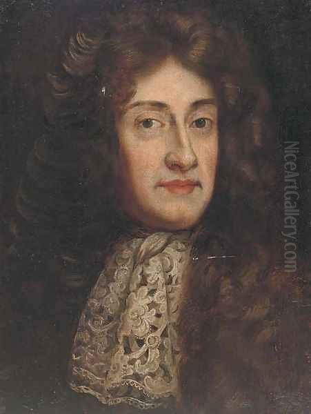 Portrait of a gentlman, bust-length, in a full wig and lace tie Oil Painting by Sir Godfrey Kneller