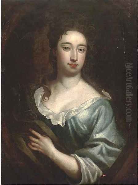 Portrait of a lady, bust-length, in a blue dress and brown wrap, feigned oval Oil Painting by Sir Godfrey Kneller