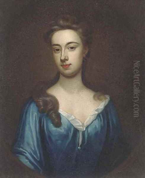 Portrait of a lady, bust-length, in a blue dress, in a feigned oval Oil Painting by Sir Godfrey Kneller