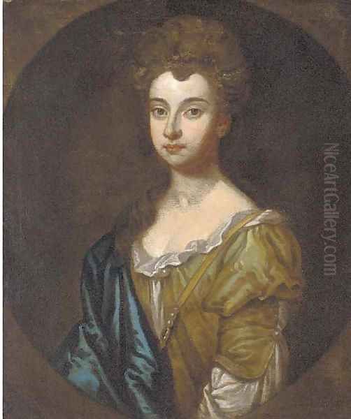 Portrait of a lady, bust-length, in a green dress and blue wrap Oil Painting by Sir Godfrey Kneller