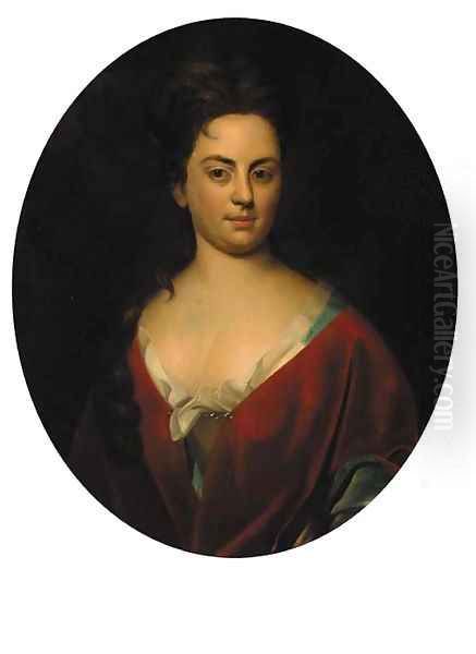 Portrait of a lady, half-length, in a blue dress with red wrap Oil Painting by Sir Godfrey Kneller