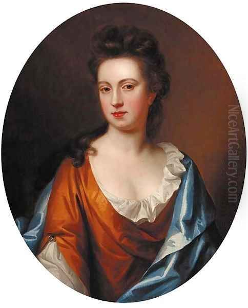 Portrait of a lady, half-length, in a gold dress with a blue wrap, feigned oval Oil Painting by Sir Godfrey Kneller