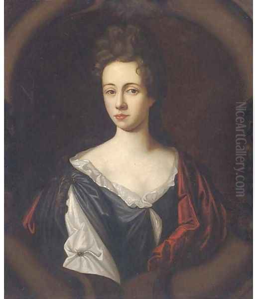 Portrait of a lady, half-length, wearing a white and black dress with a red wrap, in a sculpted cartouche Oil Painting by Sir Godfrey Kneller