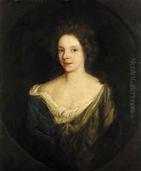 Portrait of a lady, quarter-length, in a green dress with a blue wrap, feigned oval Oil Painting by Sir Godfrey Kneller