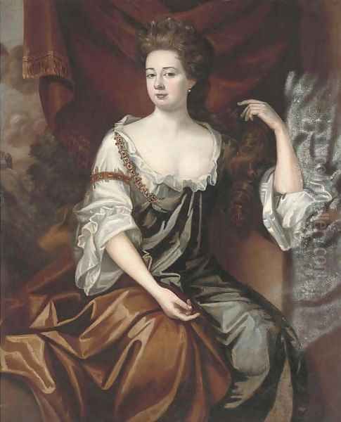 Portrait of a lady, seated half-length, in a green dress with a brown wrap, a landscape beyond Oil Painting by Sir Godfrey Kneller