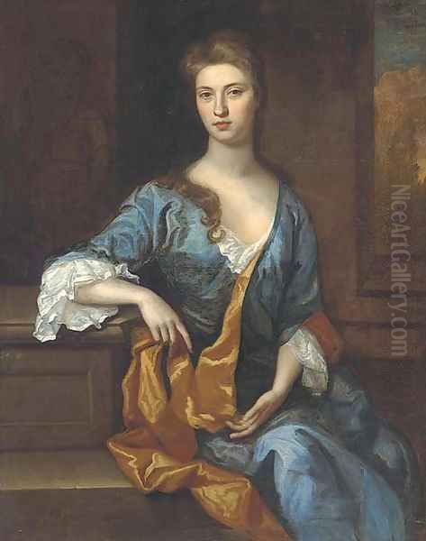 Portrait of a lady, seated three-quarter-length, in a blue dress and gold wrap, resting her arm on a plinth, a landscape beyond Oil Painting by Sir Godfrey Kneller