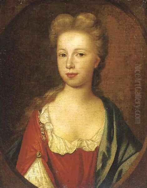 Portrait of a lady, small bust-length, in a red dress and green wrap Oil Painting by Sir Godfrey Kneller