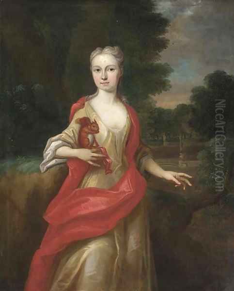 Portrait of a lady, three-quarter-length, in a yellow dress and scarlet wrap, holding a squirrel in her right hand, in an extensive landscape Oil Painting by Sir Godfrey Kneller