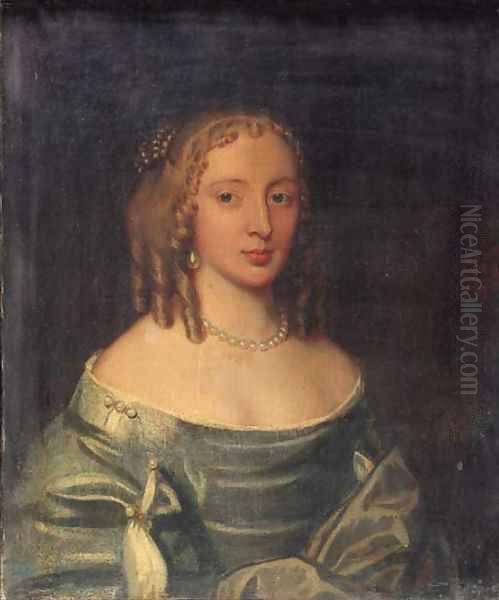 Portrait of a noblewoman, bust length, wearing a blue silk dress with grey wrap and pearl necklace Oil Painting by Sir Godfrey Kneller