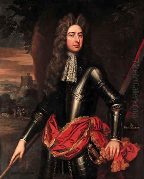 Portrait of an Officer, three-quarter-length, in armour, with a red sash, holding a baton, a cavalry skirmish below a castle beyond Oil Painting by Sir Godfrey Kneller