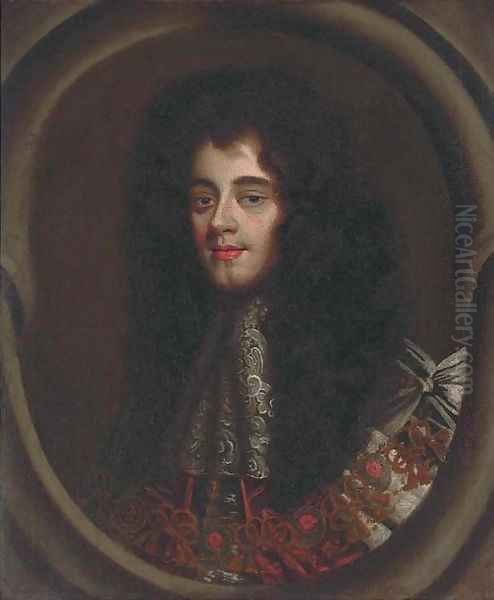 Portrait of Charles II (1630-1685), bust-length, in ceremonial robes and a lace jabot, feigned oval Oil Painting by Sir Godfrey Kneller