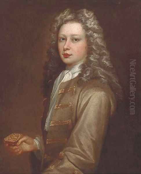 Portrait of Edmund Kershaw (b.1701), half-length, wearing an olive jacket, white cravat, and holding a silver box Oil Painting by Sir Godfrey Kneller