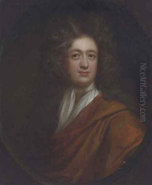 Portrait of Edmund Rooke, bust-length, in an orange wrap Oil Painting by Sir Godfrey Kneller