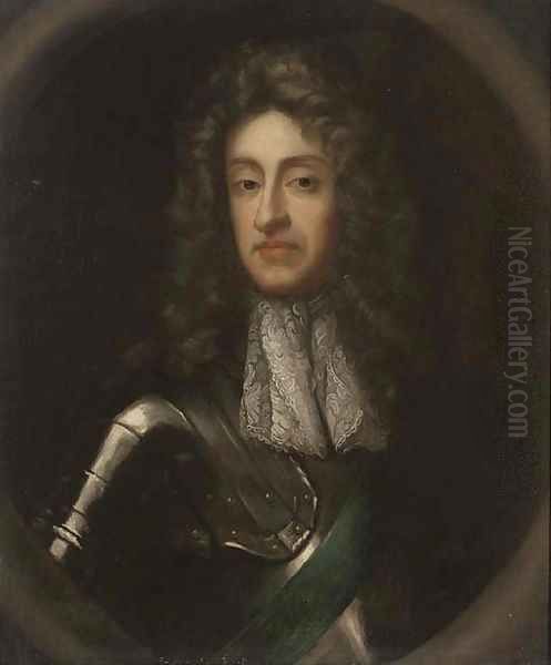 Portrait of James II (1633-1701), half-length, in armour, sculpted cartouche Oil Painting by Sir Godfrey Kneller