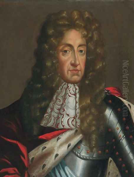 Portrait of James II (1633-1701), quarter-length, in armour and an ermine-lined robe and lace jabot Oil Painting by Sir Godfrey Kneller