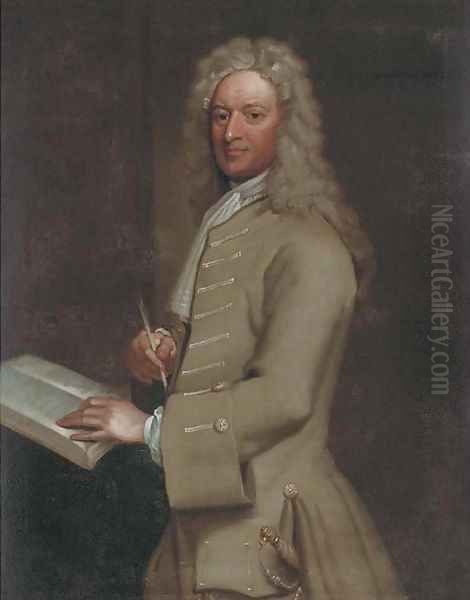 Portrait of John Morley (1656-1732), three-quarter-length, in a light brown jacket, holding a quill pen in his right hand Oil Painting by Sir Godfrey Kneller