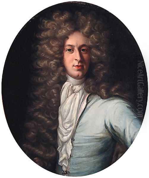 Portrait of John Taylor of Royston, half-length, in a blue coat and white stock Oil Painting by Sir Godfrey Kneller